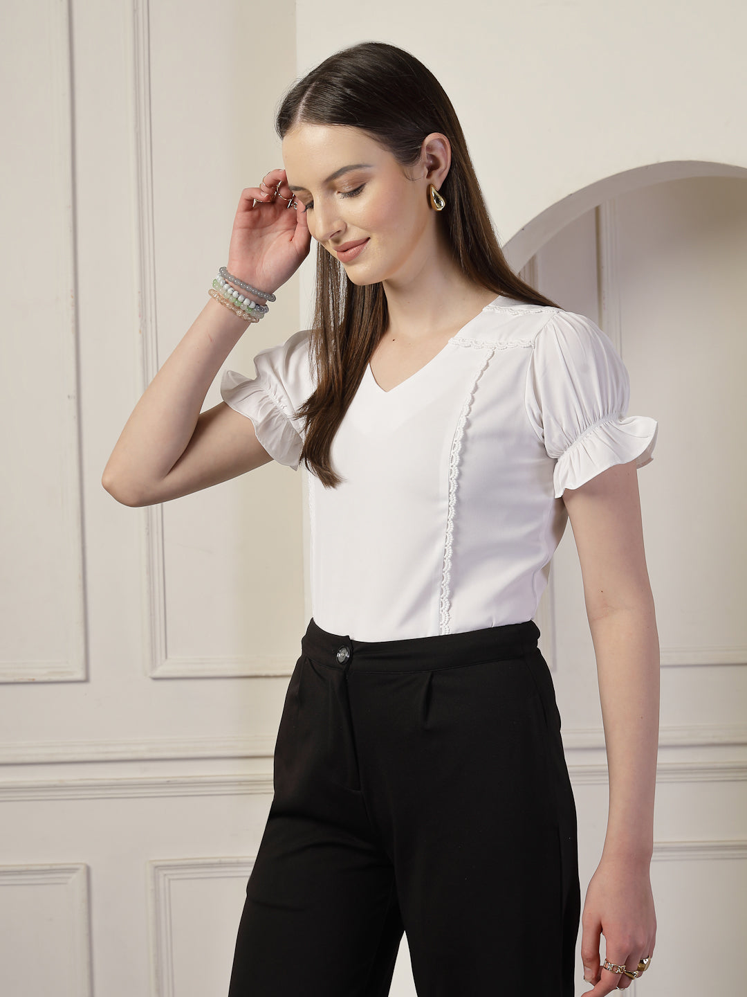 Style Quotient Women Solid White Polymoss Regular Fit Smart Casual Lace Insert Top-Tops-StyleQuotient