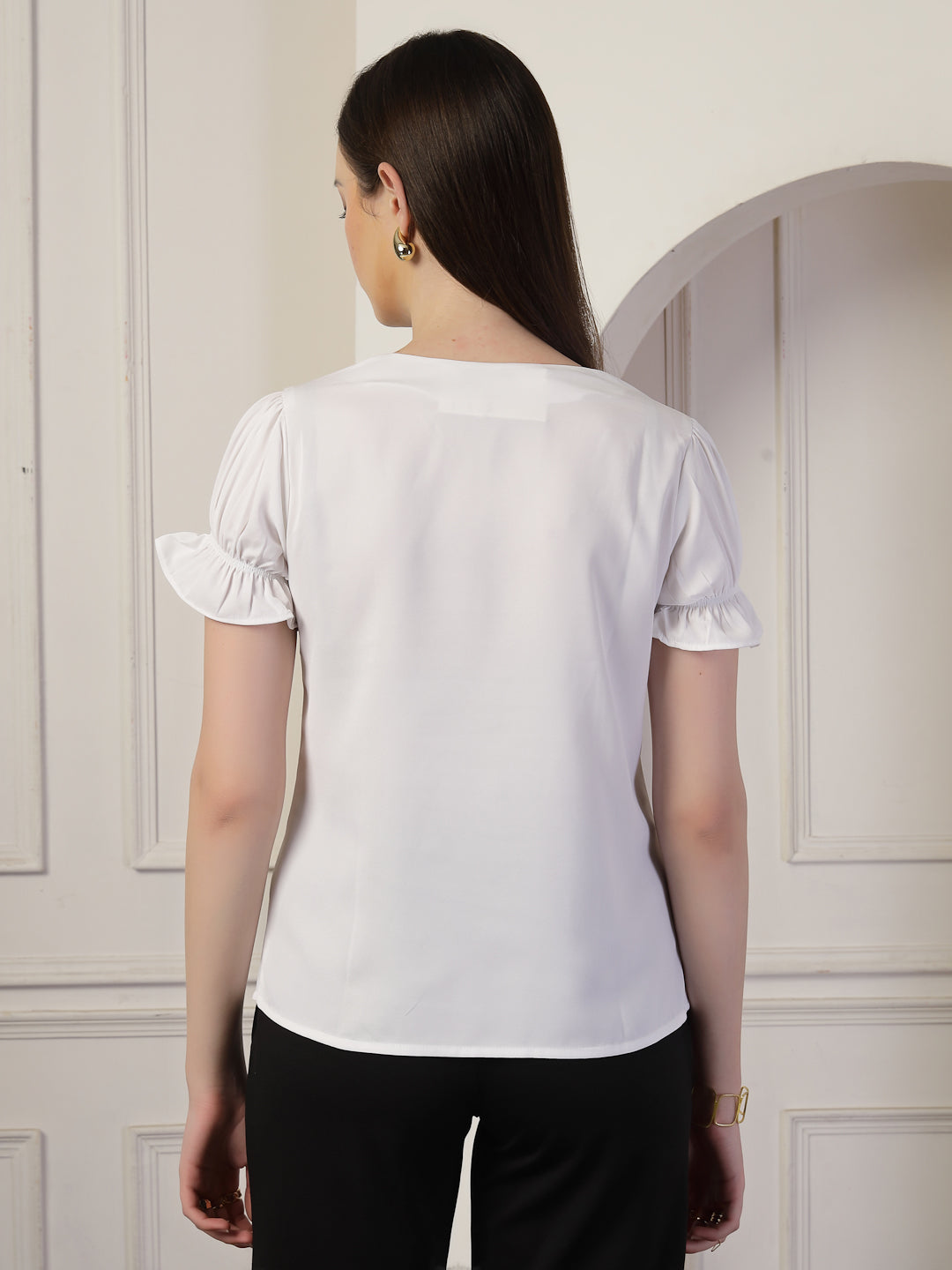 Style Quotient Women Solid White Polymoss Regular Fit Smart Casual Lace Insert Top-Tops-StyleQuotient