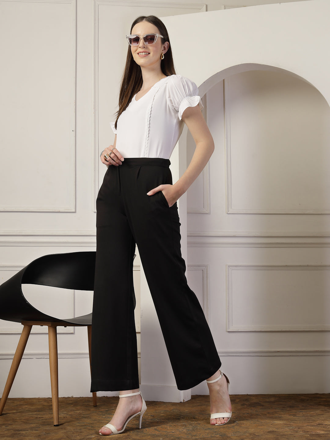 Style Quotient Women Solid White Polymoss Regular Fit Smart Casual Lace Insert Top-Tops-StyleQuotient