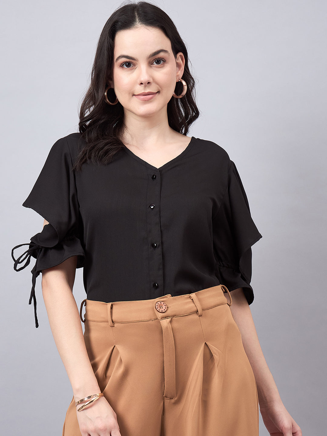 Style Quotient Women Solid White Polymoss Regular Fit Formal Flutter Sleeve Shirt-Shirts-StyleQuotient
