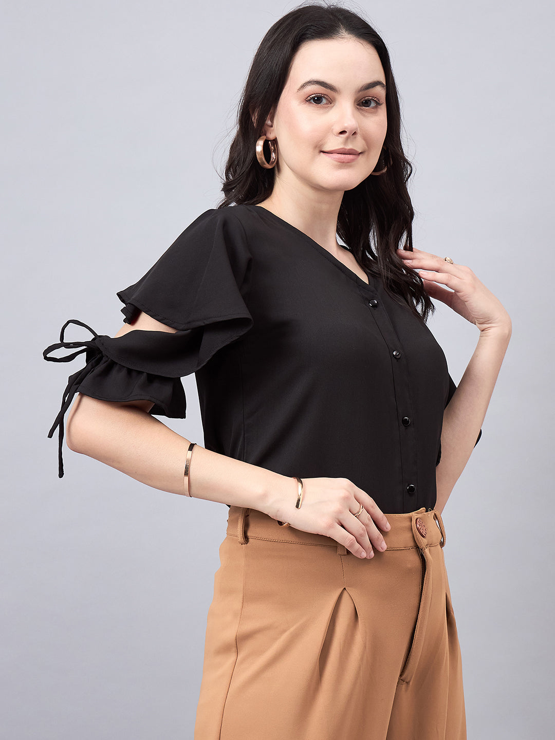 Style Quotient Women Solid White Polymoss Regular Fit Formal Flutter Sleeve Shirt-Shirts-StyleQuotient