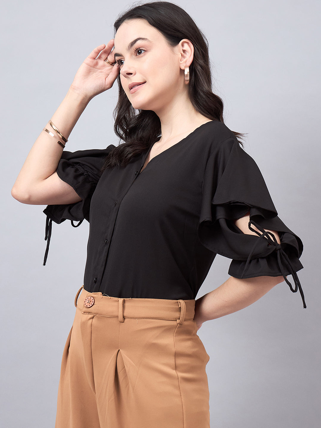 Style Quotient Women Solid White Polymoss Regular Fit Formal Flutter Sleeve Shirt-Shirts-StyleQuotient