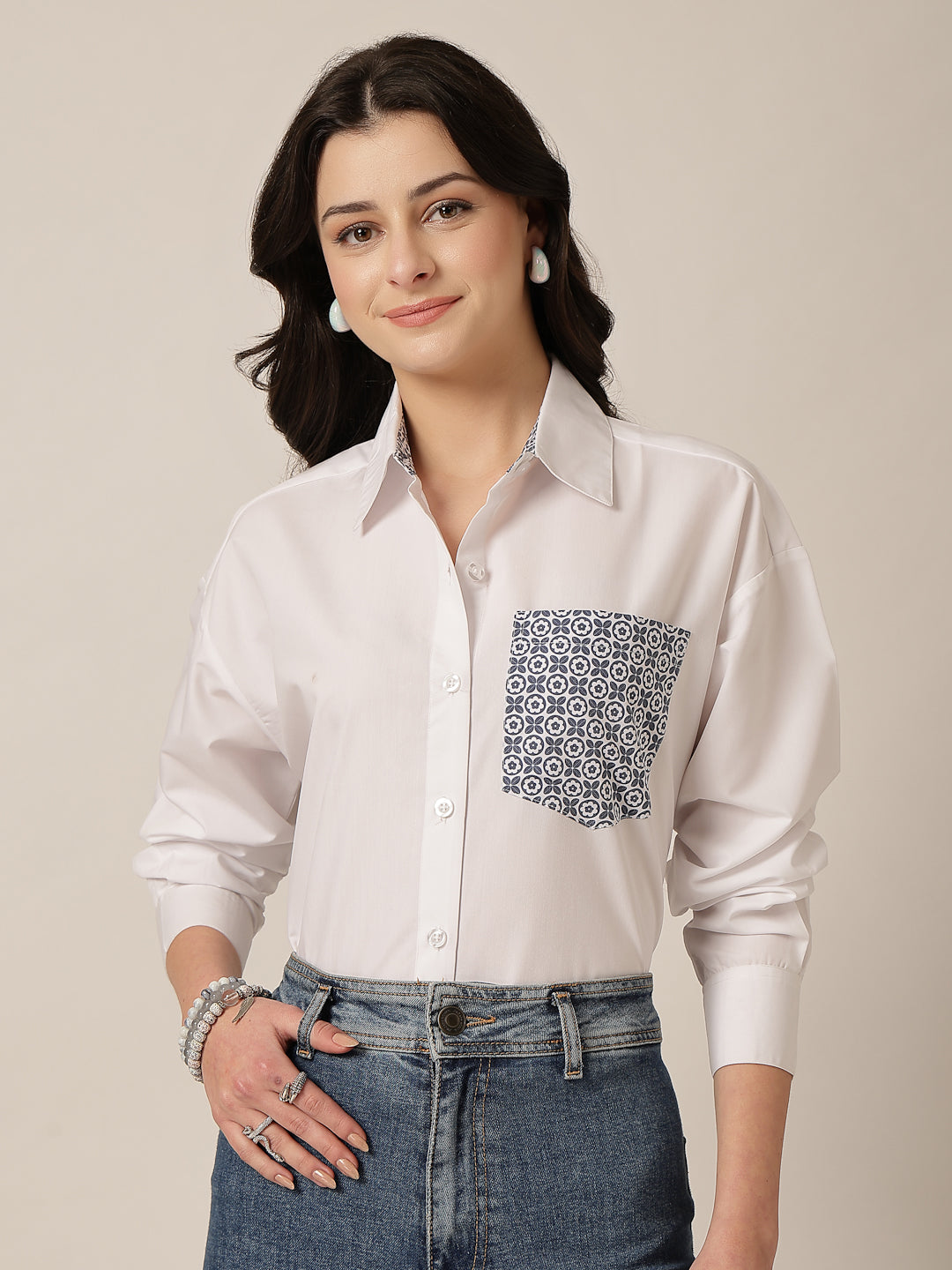 Style Quotient Women Solid Oversize Shirt with Printed pocket-Shirts-StyleQuotient
