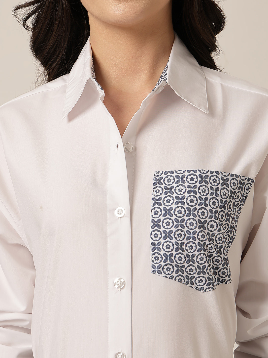 Style Quotient Women Solid Oversize Shirt with Printed pocket-Shirts-StyleQuotient