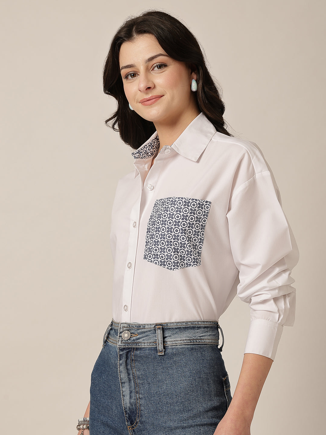 Style Quotient Women Solid Oversize Shirt with Printed pocket-Shirts-StyleQuotient
