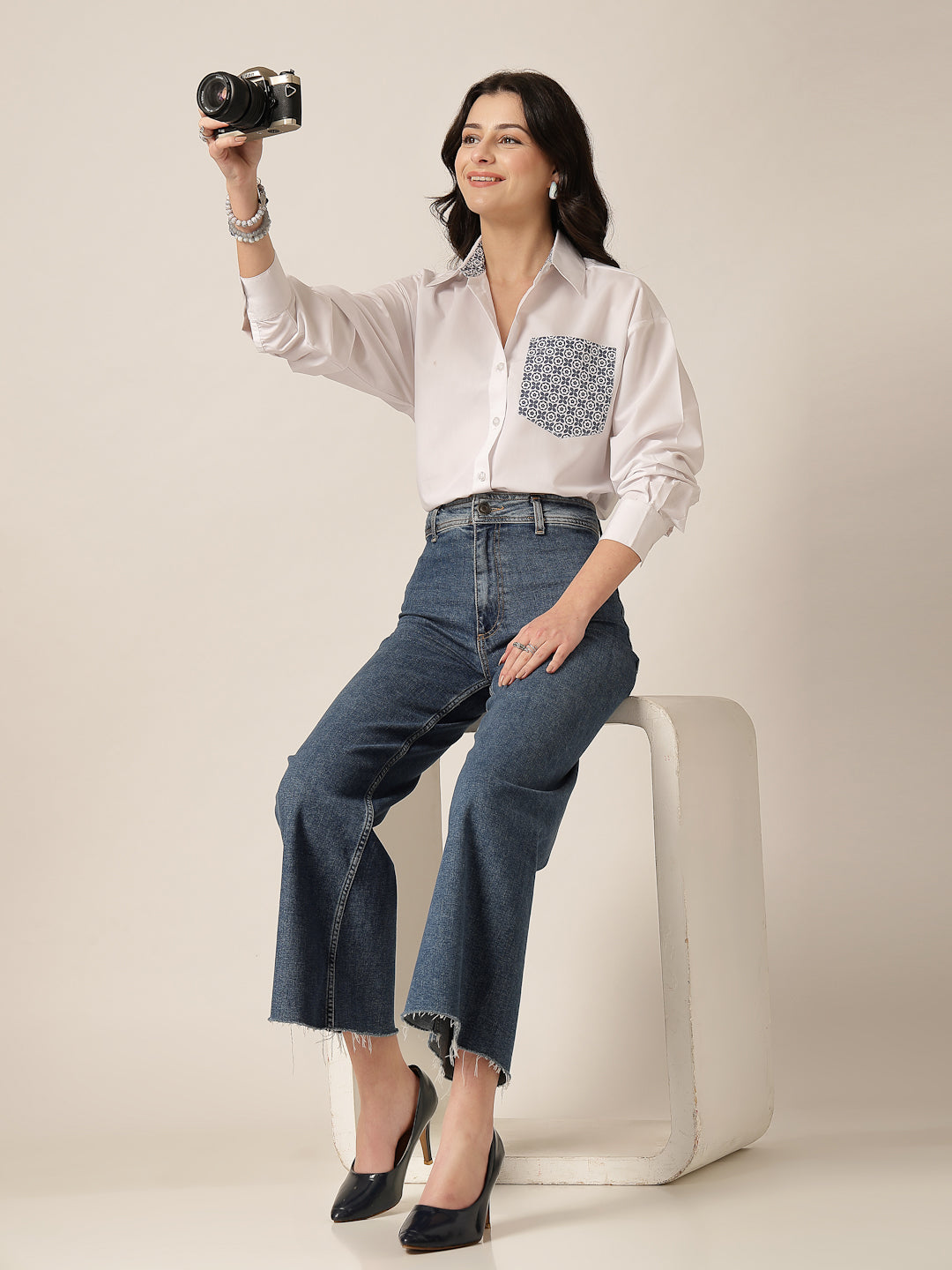Style Quotient Women Solid Oversize Shirt with Printed pocket-Shirts-StyleQuotient