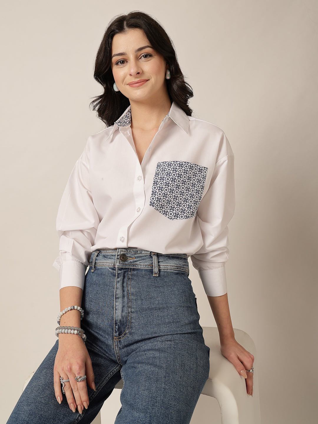 Style Quotient Women Solid Oversize Shirt with Printed pocket-Shirts-StyleQuotient