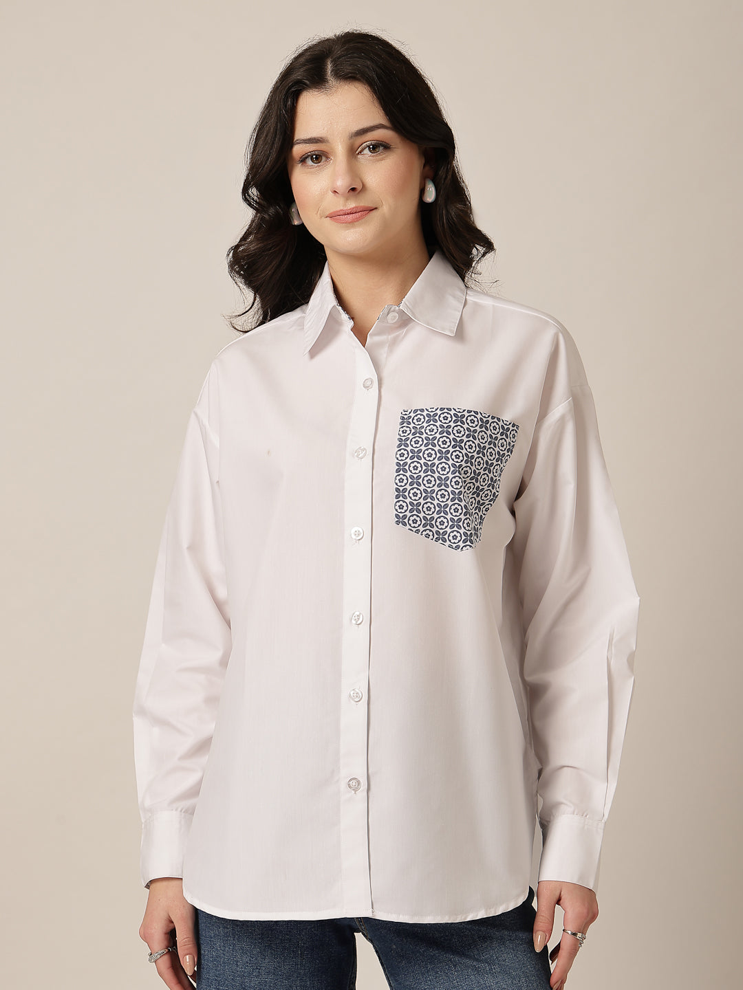 Style Quotient Women Solid Oversize Shirt with Printed pocket-Shirts-StyleQuotient