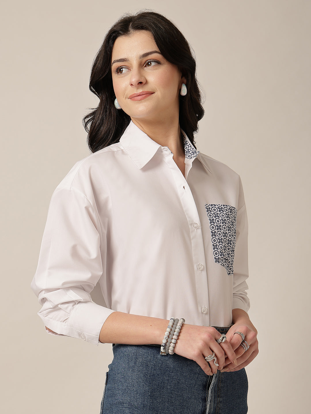Style Quotient Women Solid Oversize Shirt with Printed pocket-Shirts-StyleQuotient
