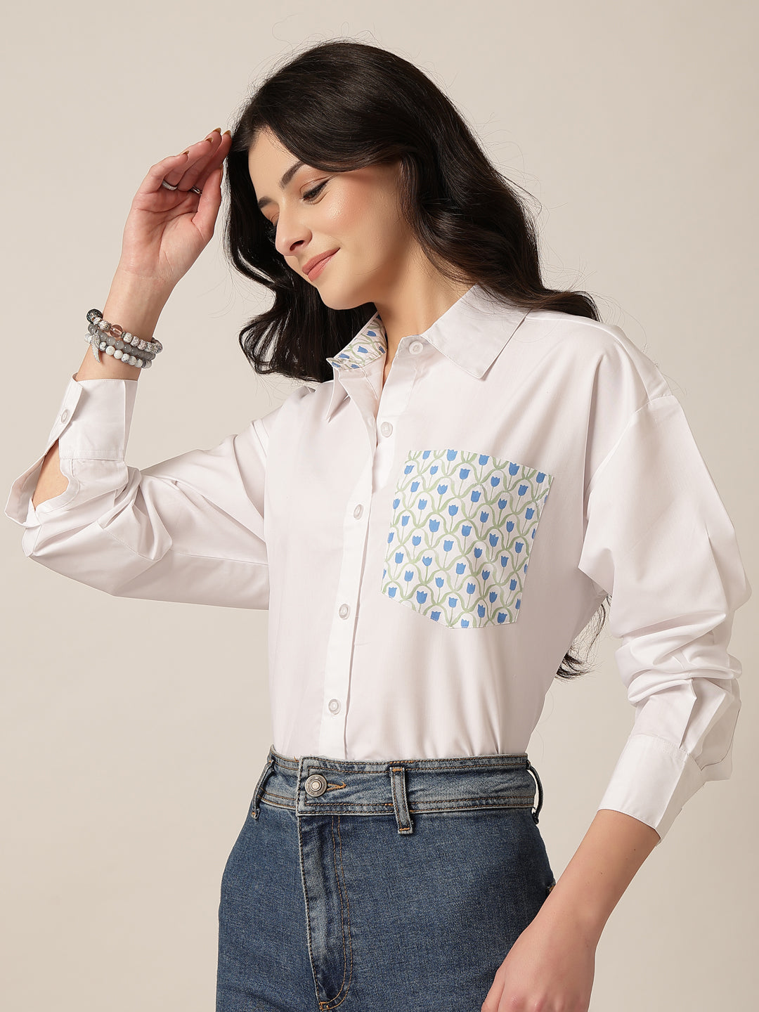 Style Quotient Women Solid Oversize Shirt with Printed pocket-Shirts-StyleQuotient