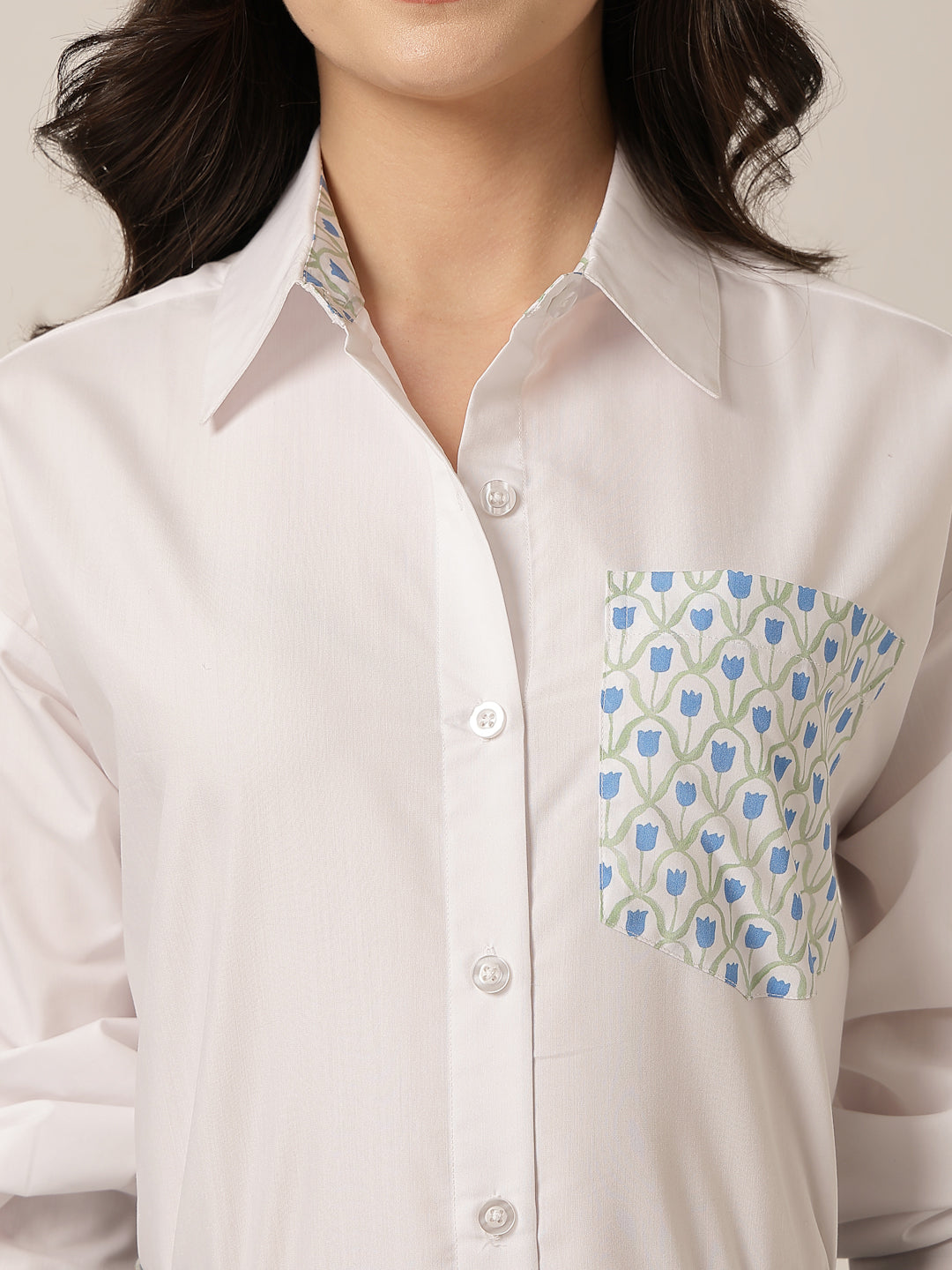 Style Quotient Women Solid Oversize Shirt with Printed pocket-Shirts-StyleQuotient