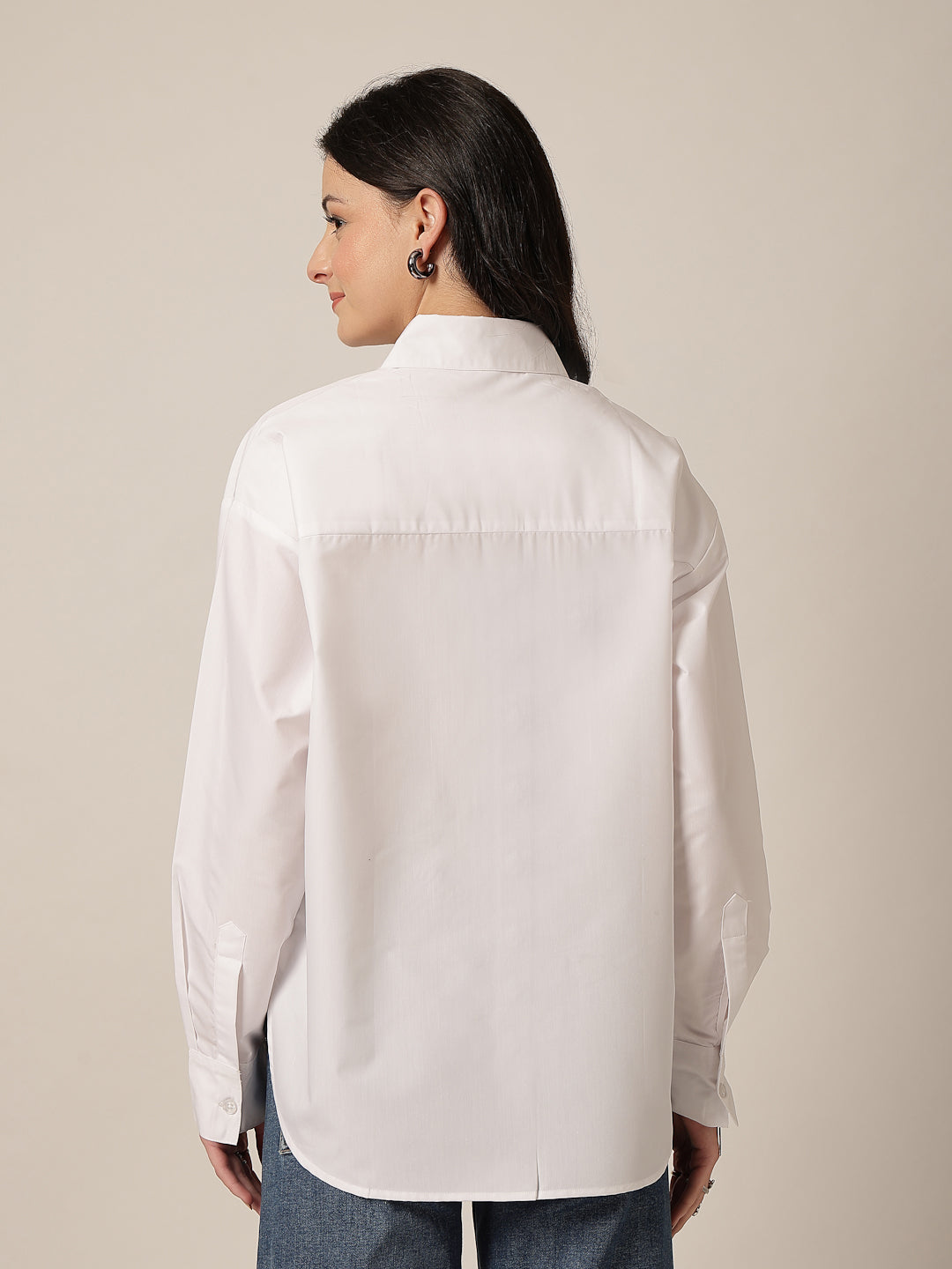 Style Quotient Women Solid Oversize Shirt with Printed pocket-Shirts-StyleQuotient