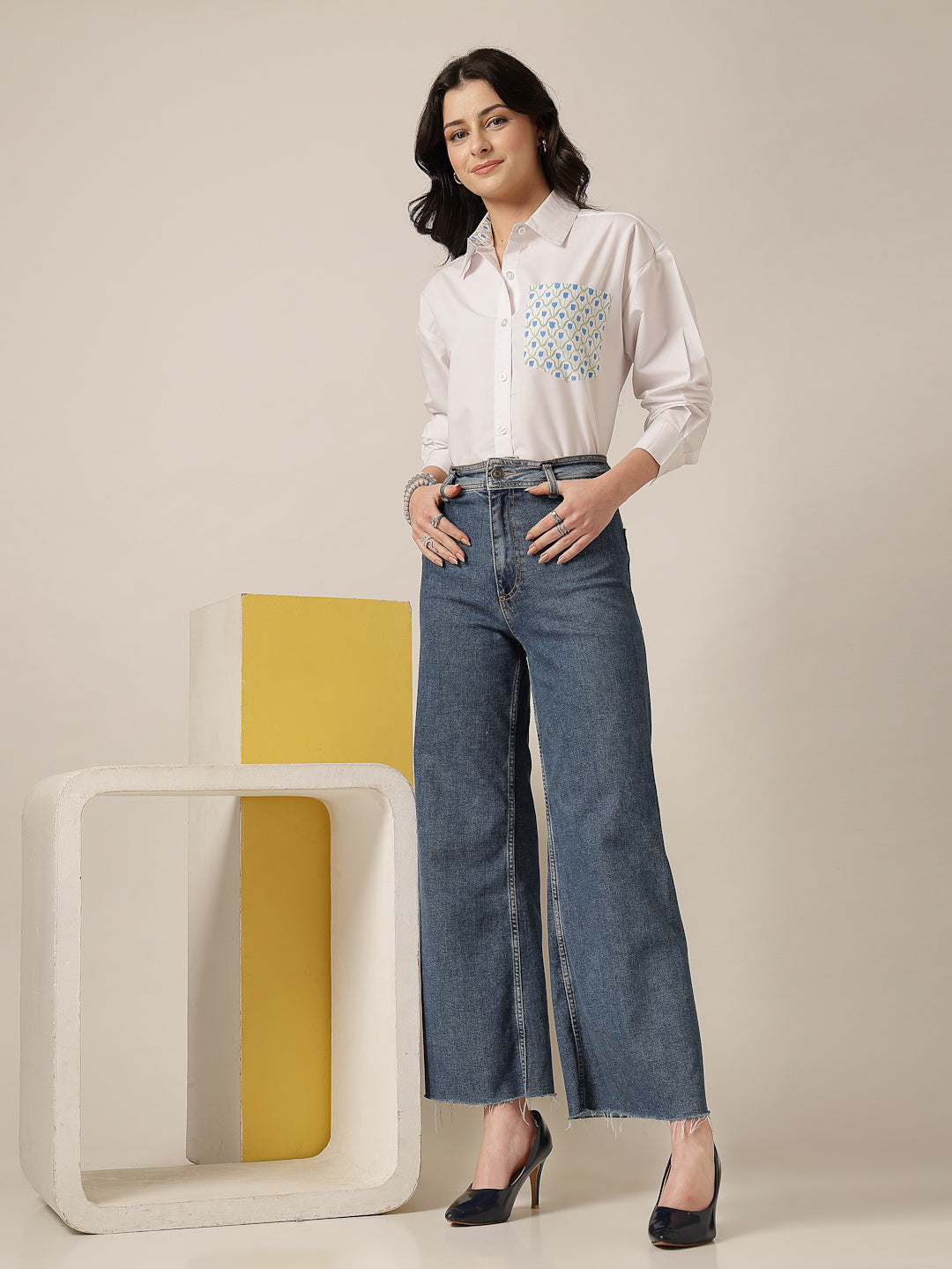 Style Quotient Women Solid Oversize Shirt with Printed pocket-Shirts-StyleQuotient