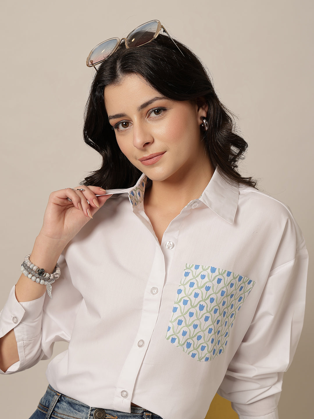 Style Quotient Women Solid Oversize Shirt with Printed pocket-Shirts-StyleQuotient
