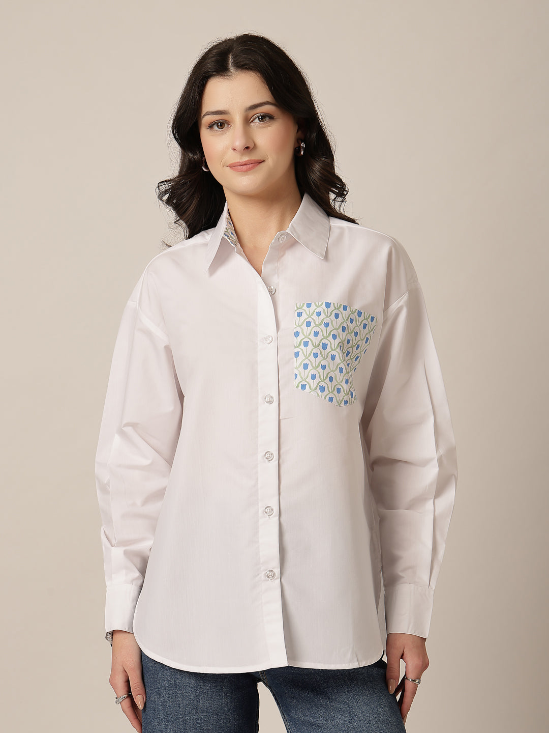 Style Quotient Women Solid Oversize Shirt with Printed pocket-Shirts-StyleQuotient