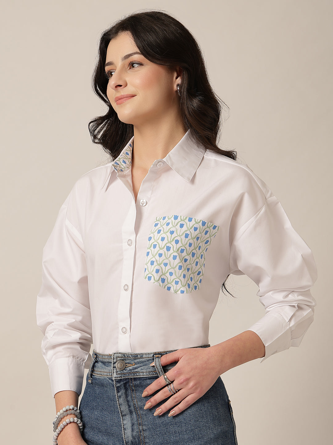 Style Quotient Women Solid Oversize Shirt with Printed pocket-Shirts-StyleQuotient