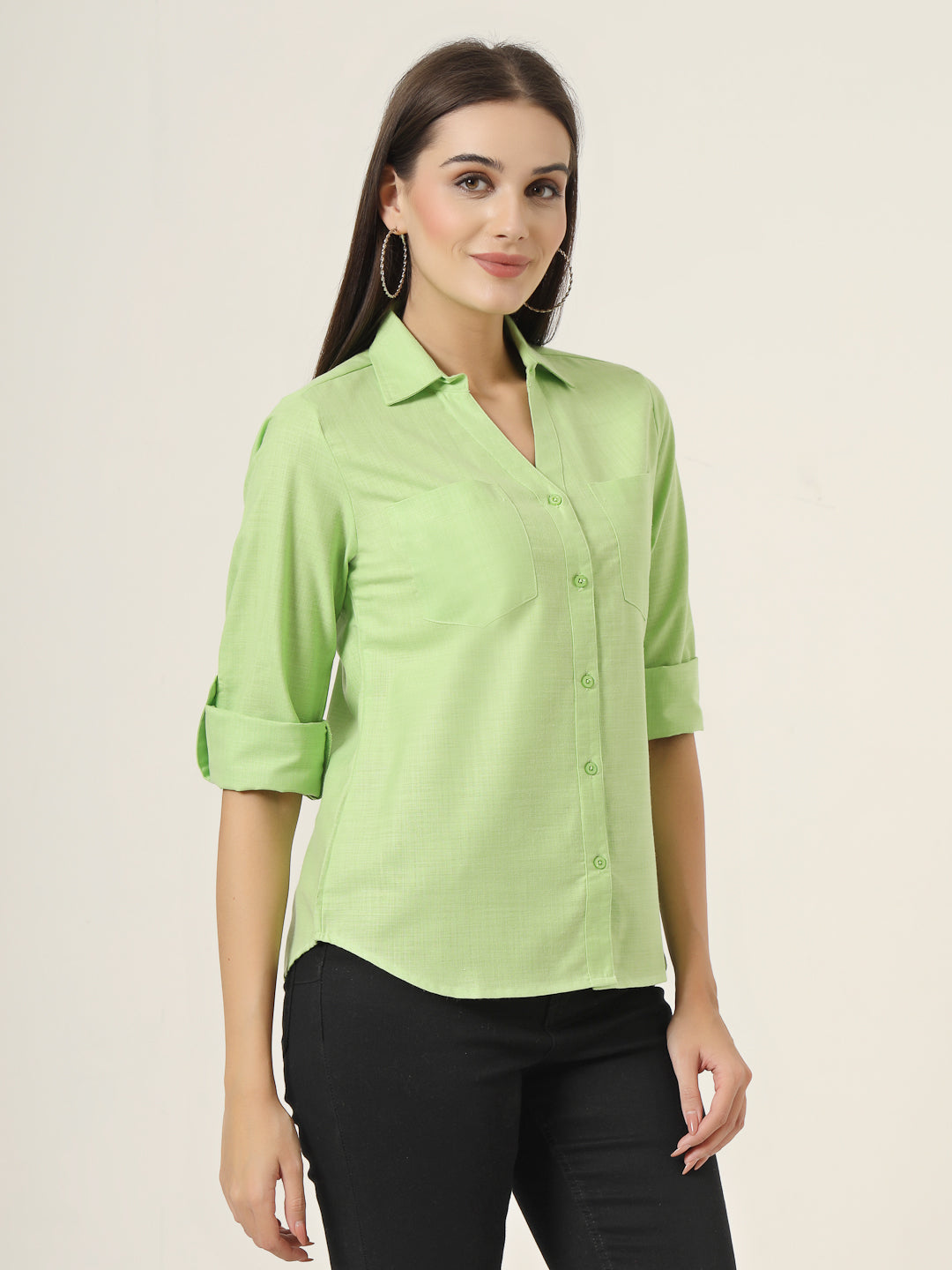 Style Quotient Women Green Solid Double Pocket Shirt-Shirts-StyleQuotient