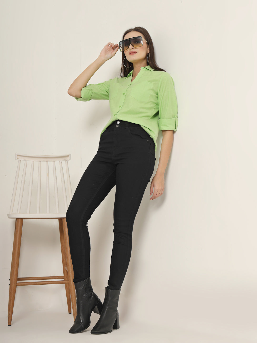 Style Quotient Women Green Solid Double Pocket Shirt-Shirts-StyleQuotient