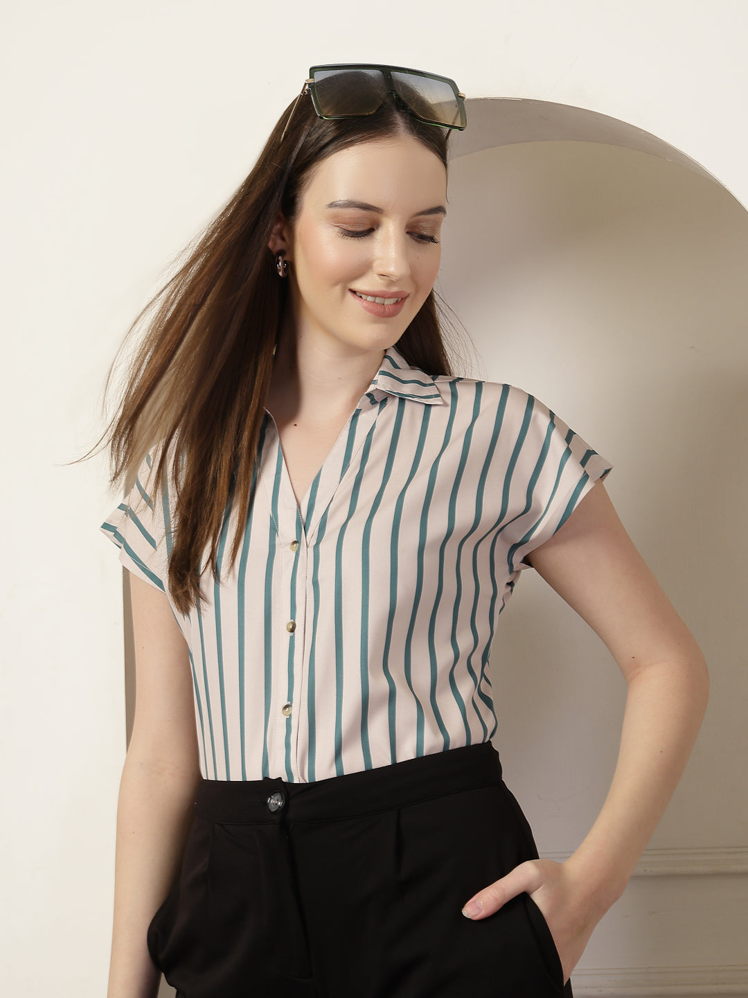 Style Quotient Women Beige And Teal Polycrepe Regular Fit Formal Shirt-Shirts-StyleQuotient