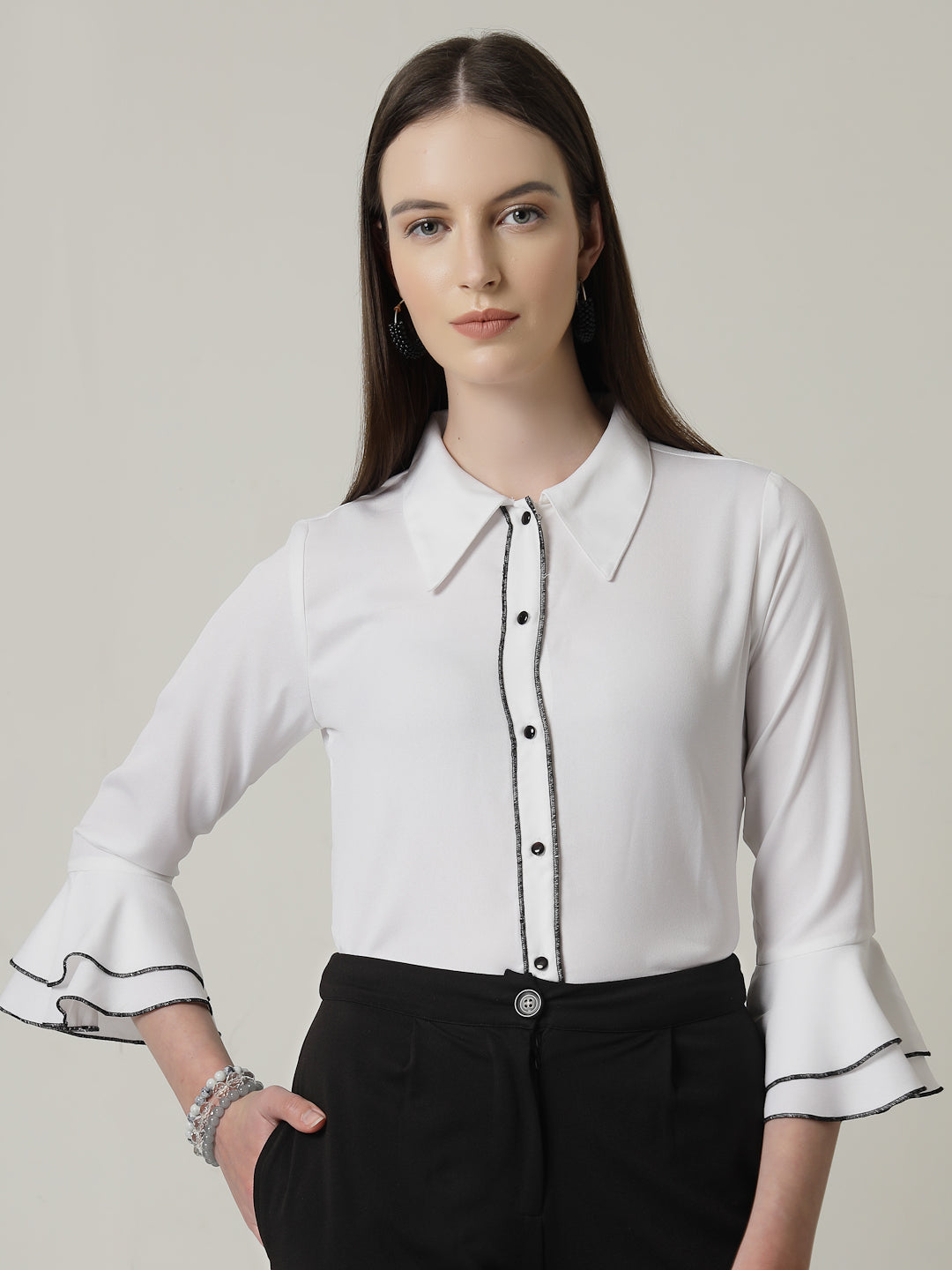 Style Quotient Women Solid White Regular Fit Polyester Bell Sleeve Formal Shirt-Shirts-StyleQuotient