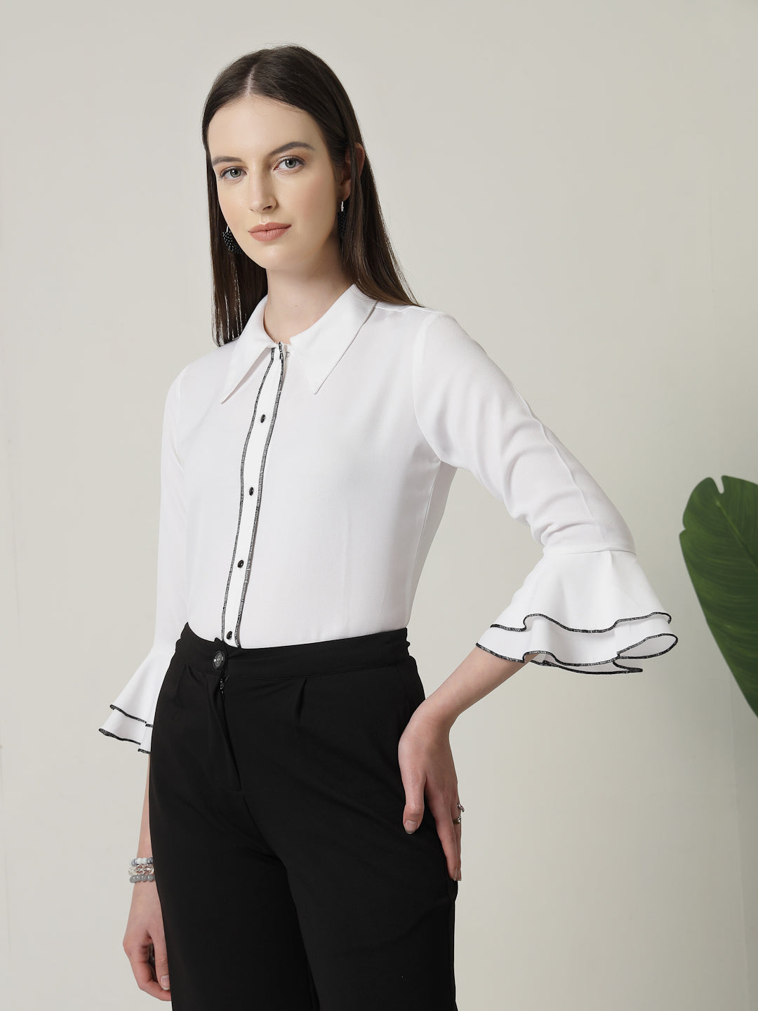 Style Quotient Women Solid White Regular Fit Polyester Bell Sleeve Formal Shirt-Shirts-StyleQuotient