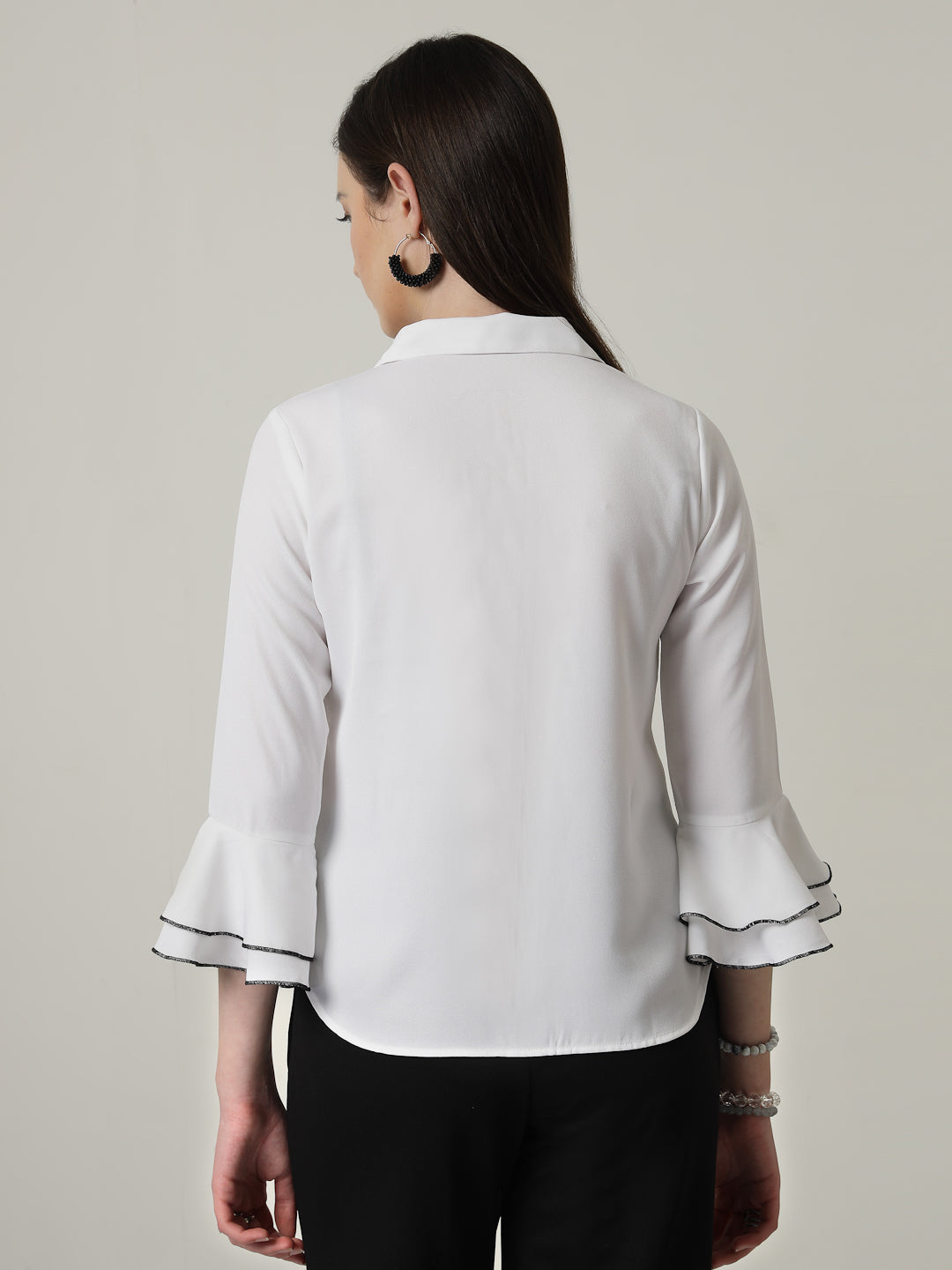 Style Quotient Women Solid White Regular Fit Polyester Bell Sleeve Formal Shirt-Shirts-StyleQuotient