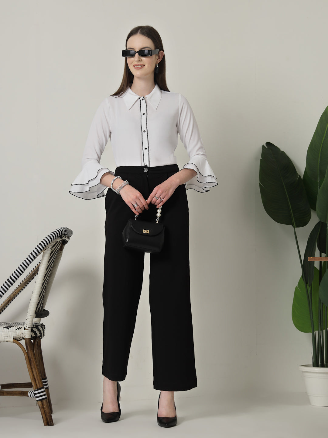 Style Quotient Women Solid White Regular Fit Polyester Bell Sleeve Formal Shirt-Shirts-StyleQuotient