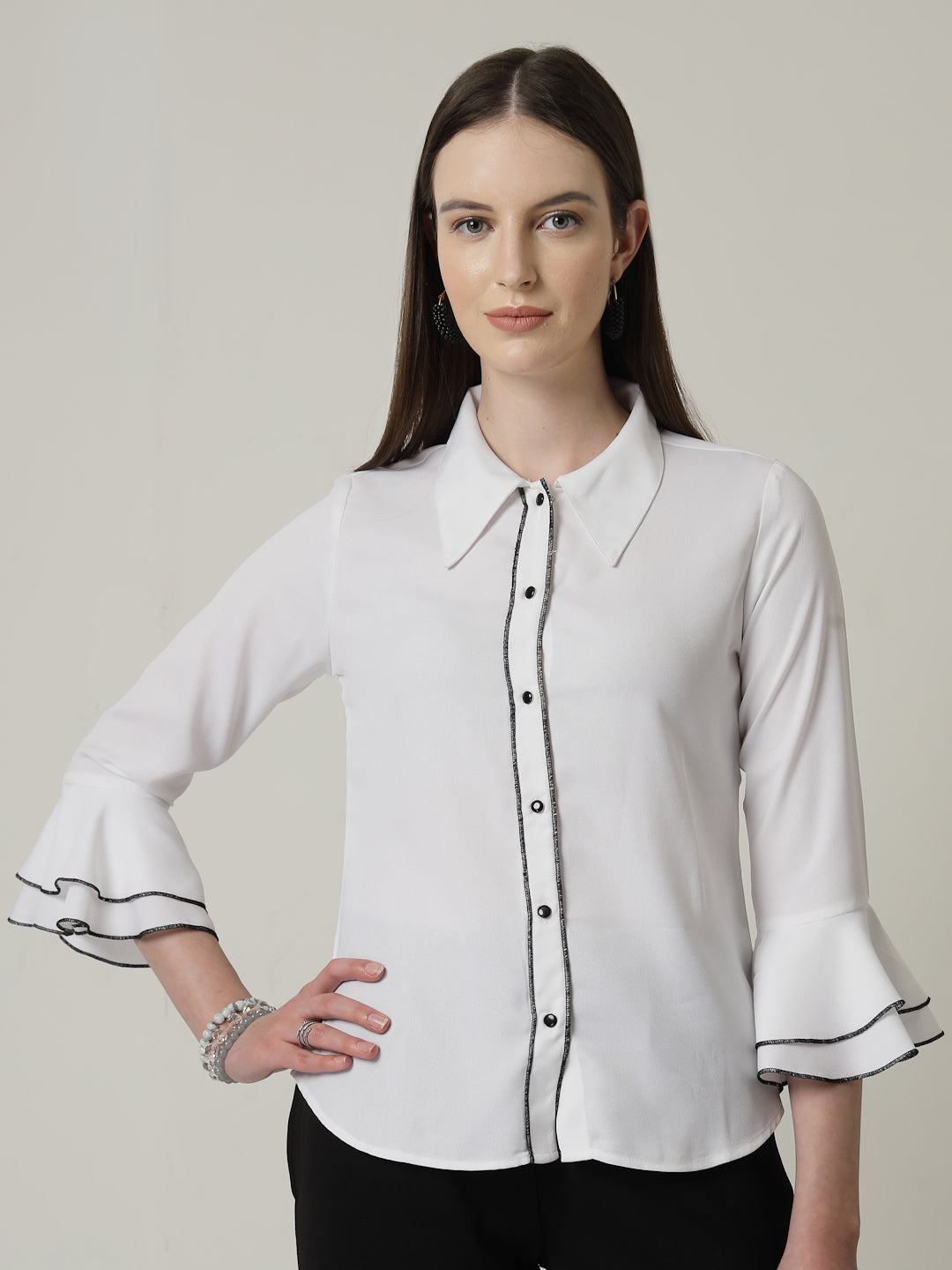 Style Quotient Women Solid White Regular Fit Polyester Bell Sleeve Formal Shirt-Shirts-StyleQuotient