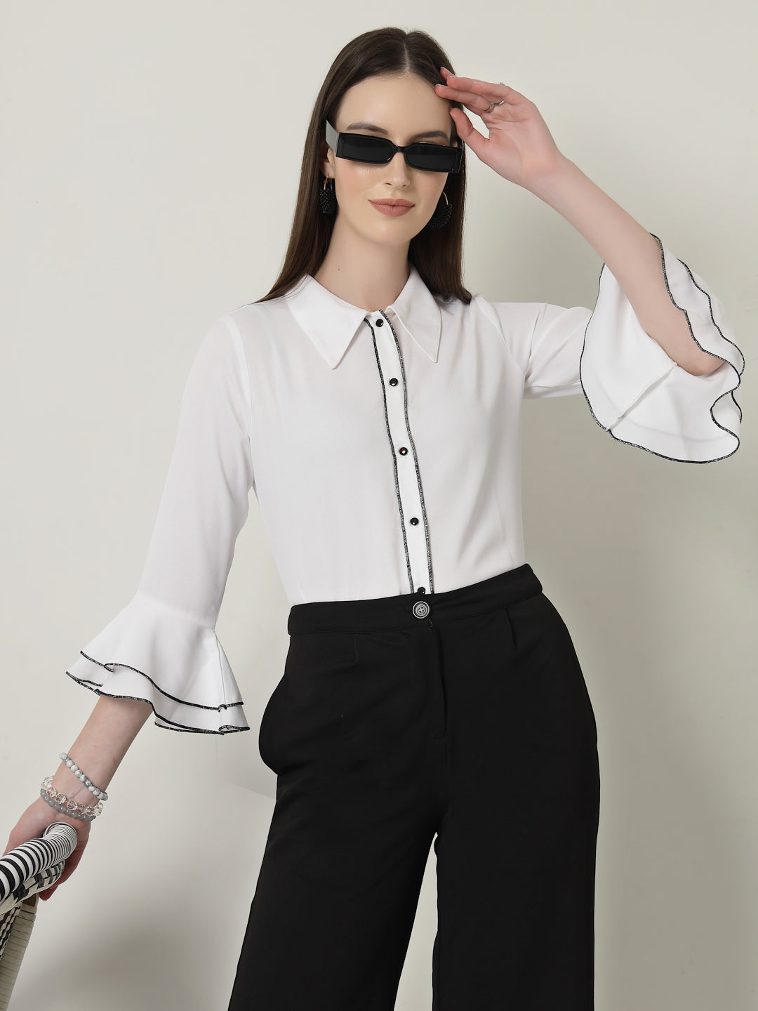 Style Quotient Women Solid White Regular Fit Polyester Bell Sleeve Formal Shirt-Shirts-StyleQuotient