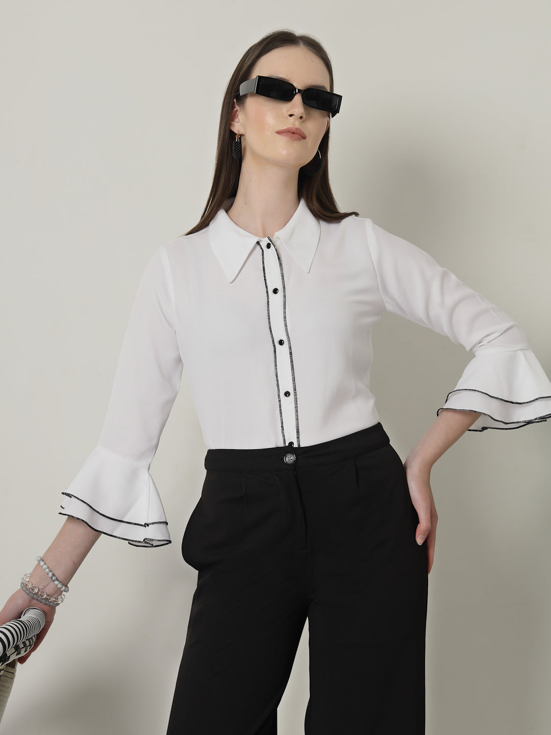 Style Quotient Women Solid White Regular Fit Polyester Bell Sleeve Formal Shirt-Shirts-StyleQuotient