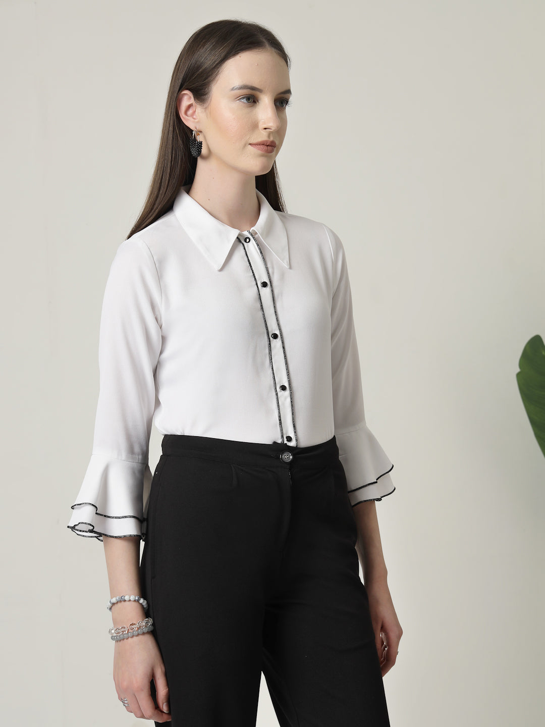 Style Quotient Women Solid White Regular Fit Polyester Bell Sleeve Formal Shirt-Shirts-StyleQuotient
