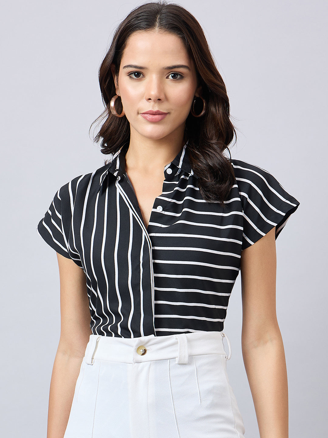 Style Quotient Women Stripe Short Sleeve Shirt-Shirts-StyleQuotient