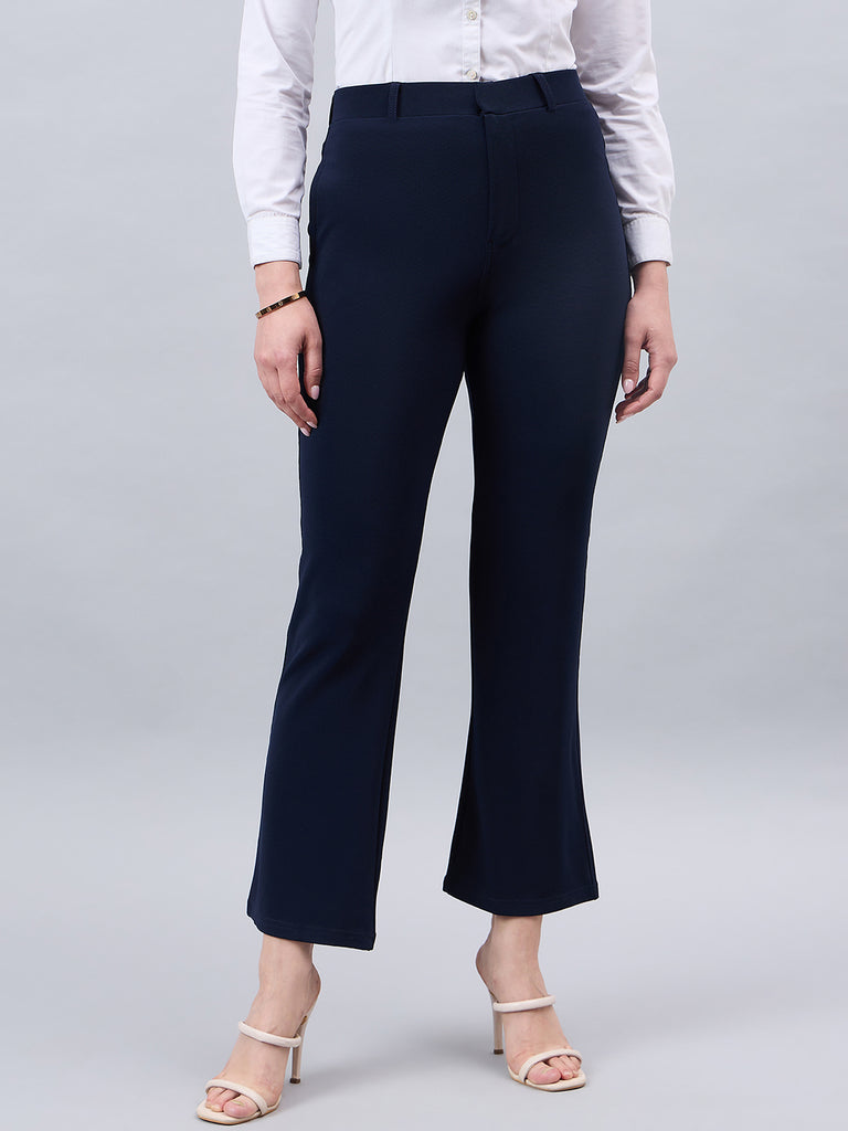 Style Quotient Women Solid Navy Self Design Polyester Formal Trouser-Trousers-StyleQuotient