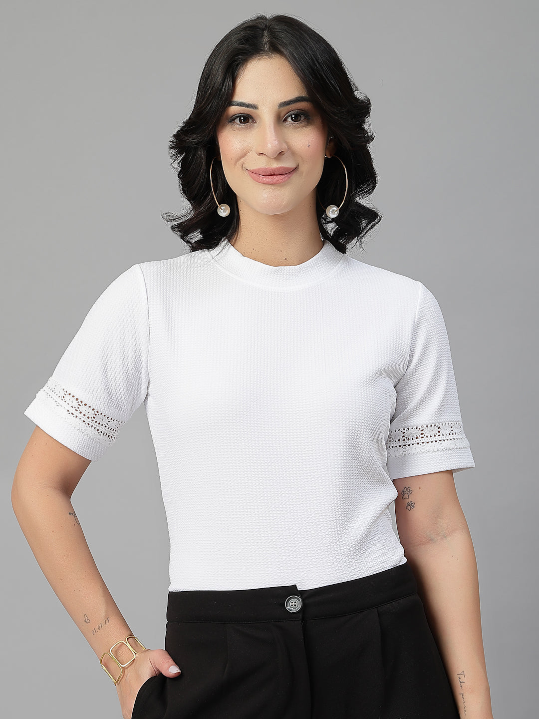 Style Quotient Women Solid White Casual Top-Tops-StyleQuotient