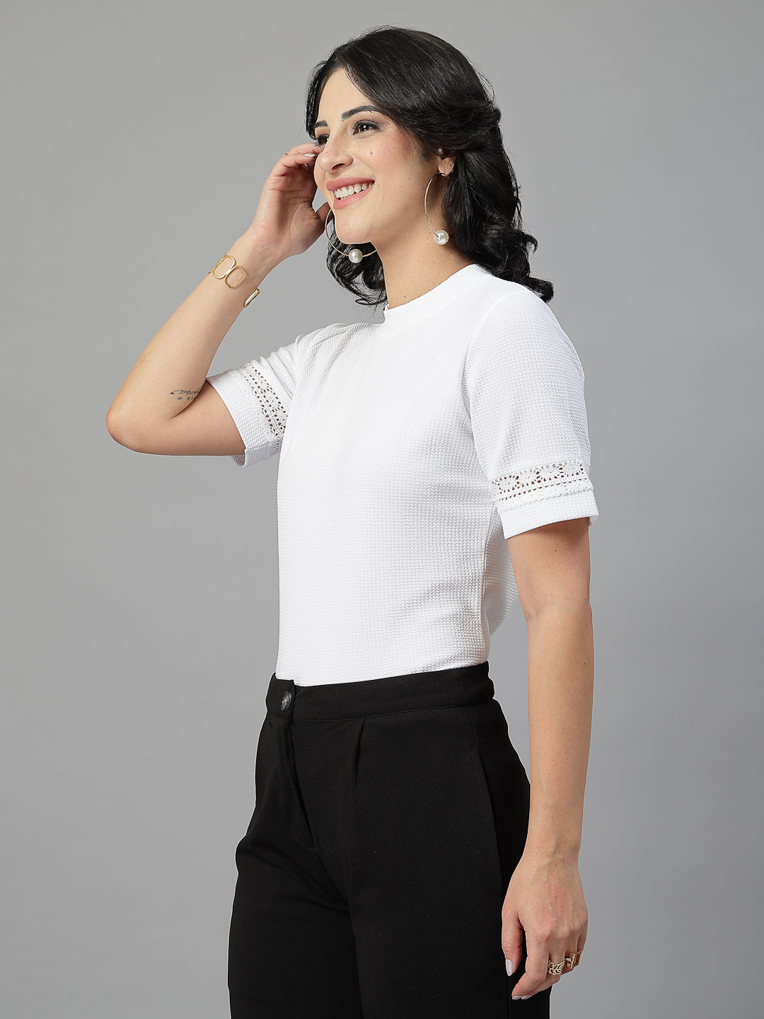 Style Quotient Women Solid White Casual Top-Tops-StyleQuotient