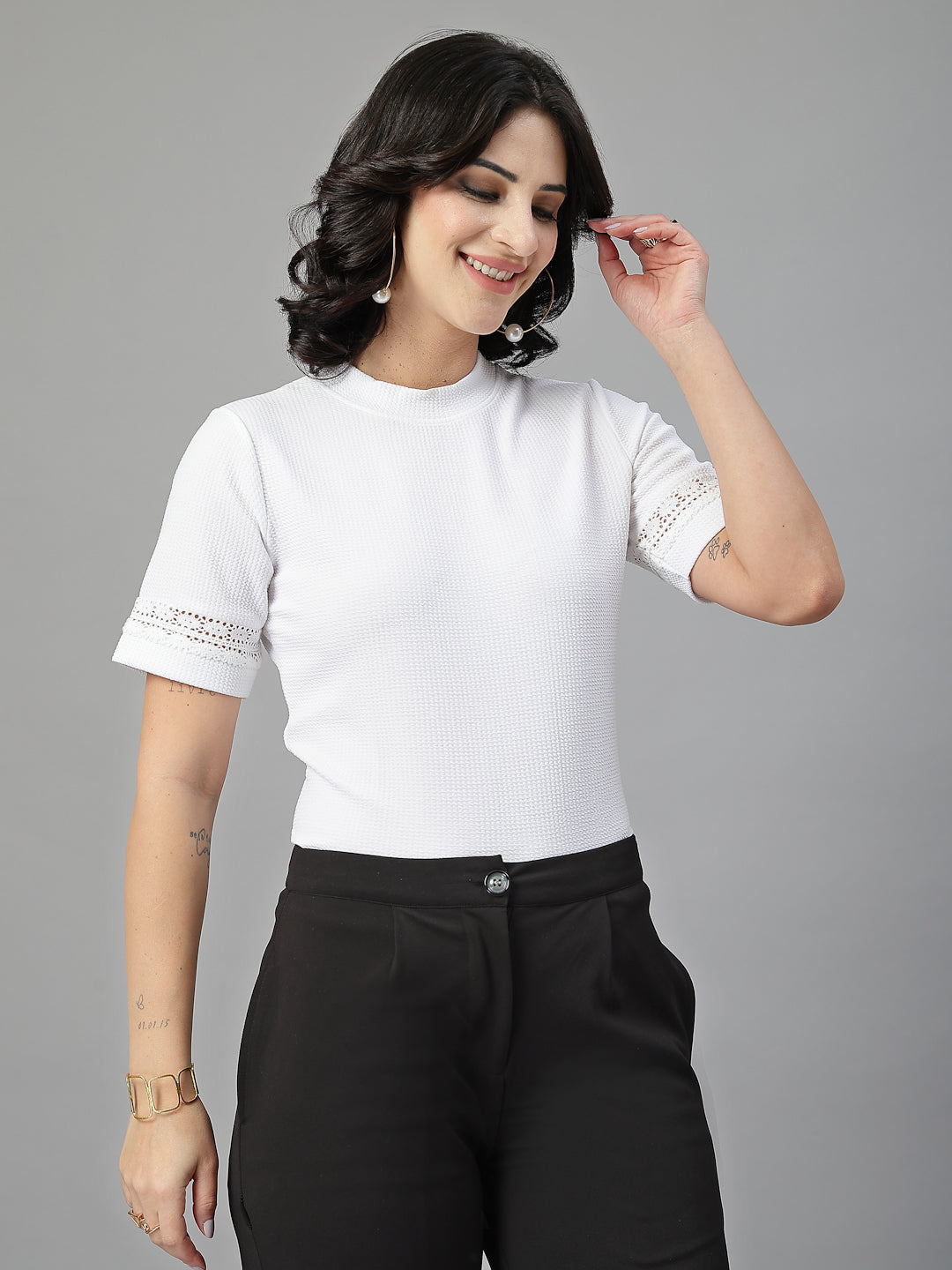 Style Quotient Women Solid White Casual Top-Tops-StyleQuotient