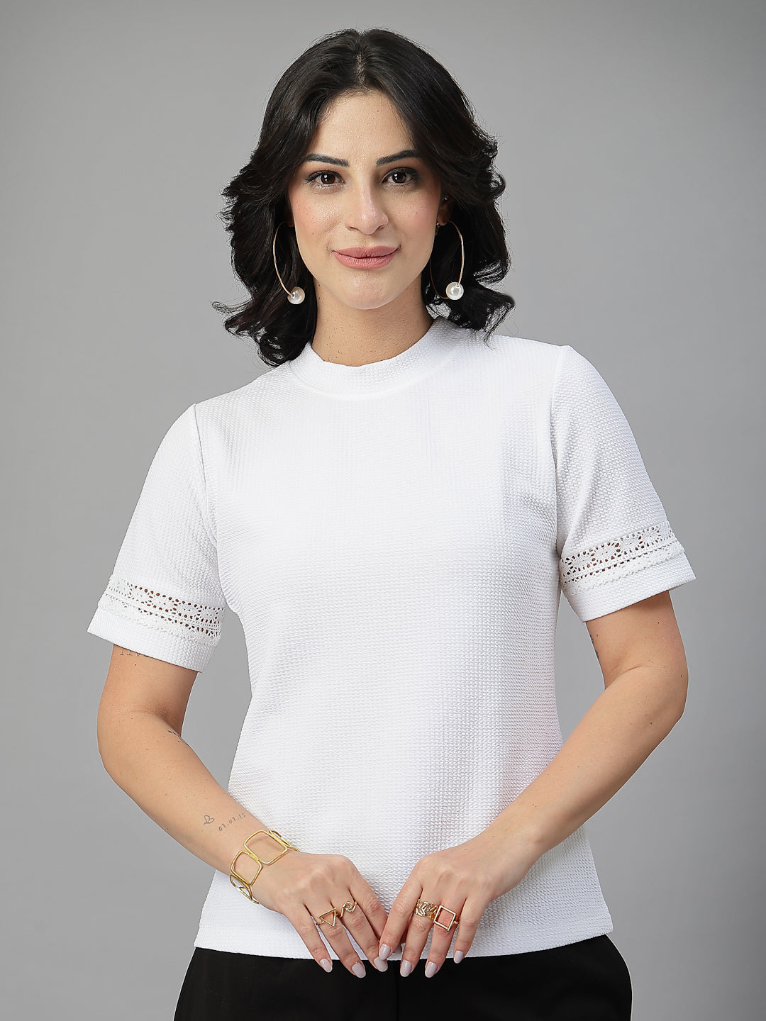 Style Quotient Women Solid White Casual Top-Tops-StyleQuotient