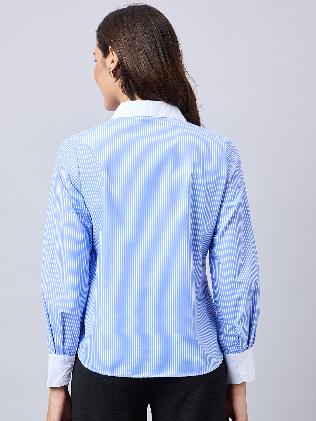 Style Quotient Women Blue And White Stripe Polycotton Regular Fit Colorblock Formal Shirt-Shirts-StyleQuotient