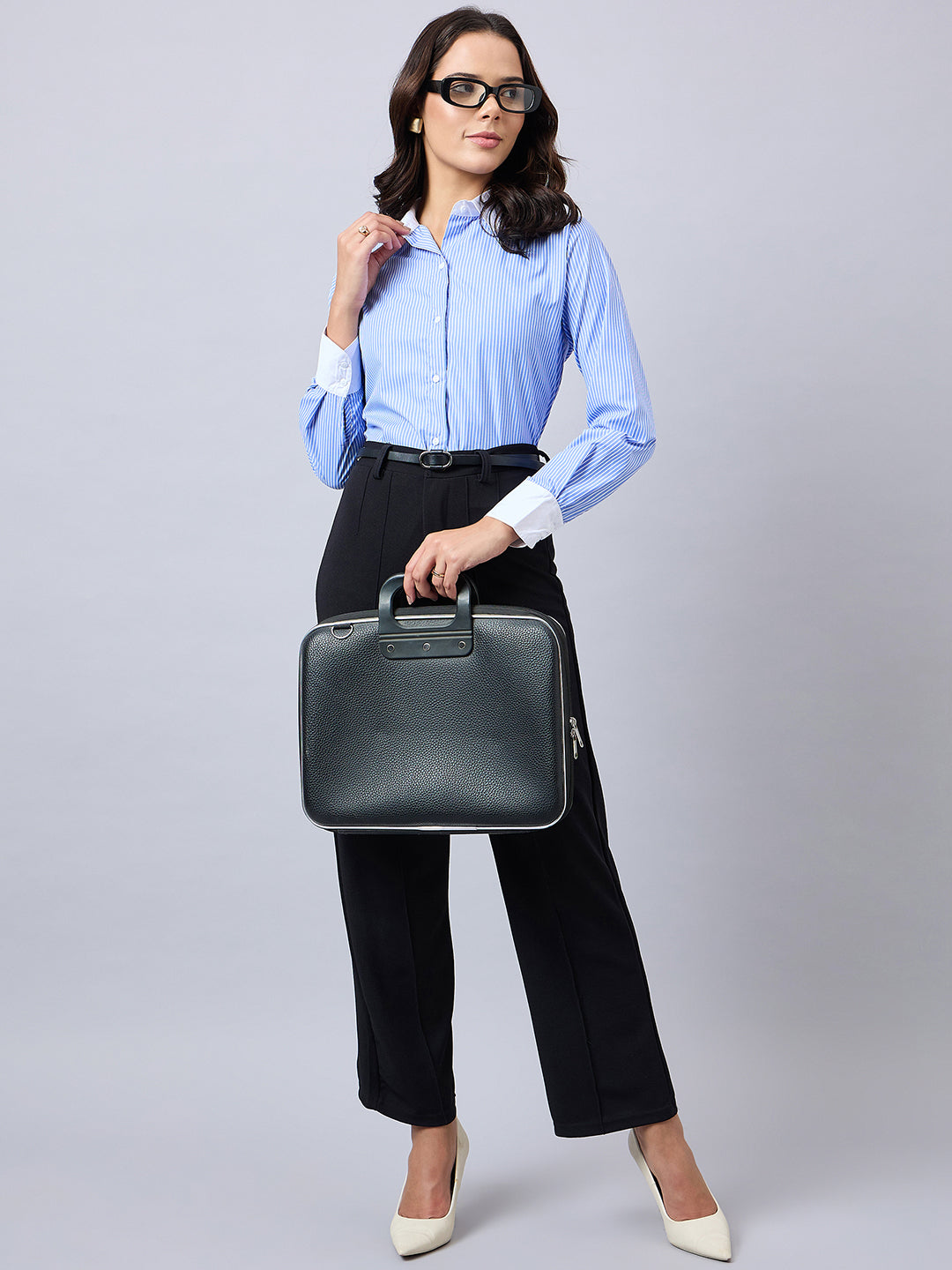 Style Quotient Women Blue And White Stripe Polycotton Regular Fit Colorblock Formal Shirt-Shirts-StyleQuotient