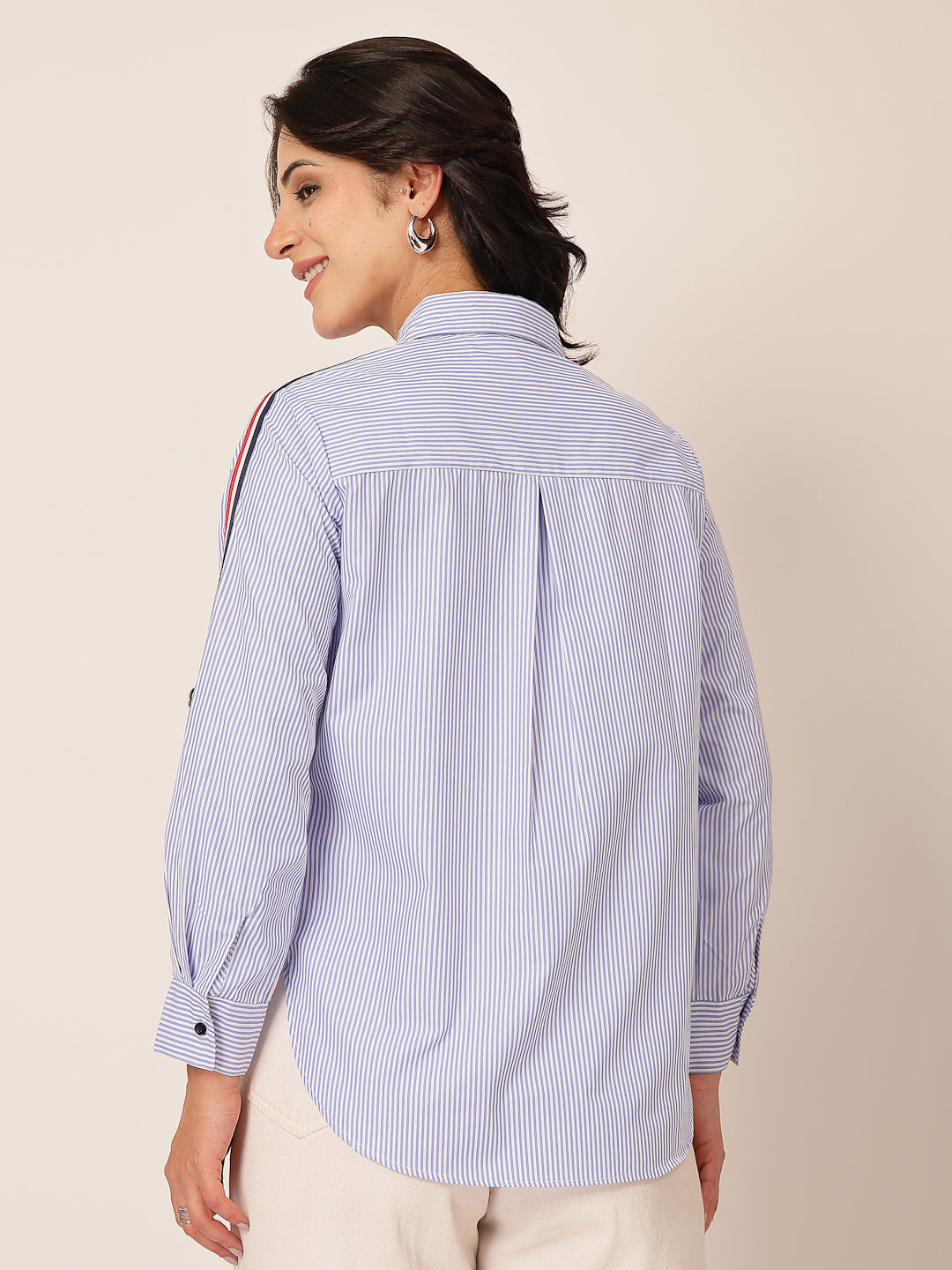 Style Quotient Women Blue And White Stripe Oversize Shirt-Shirts-StyleQuotient
