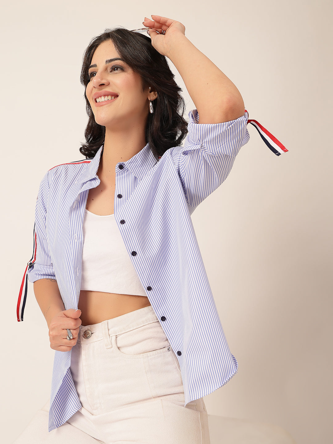 Style Quotient Women Blue And White Stripe Oversize Shirt-Shirts-StyleQuotient