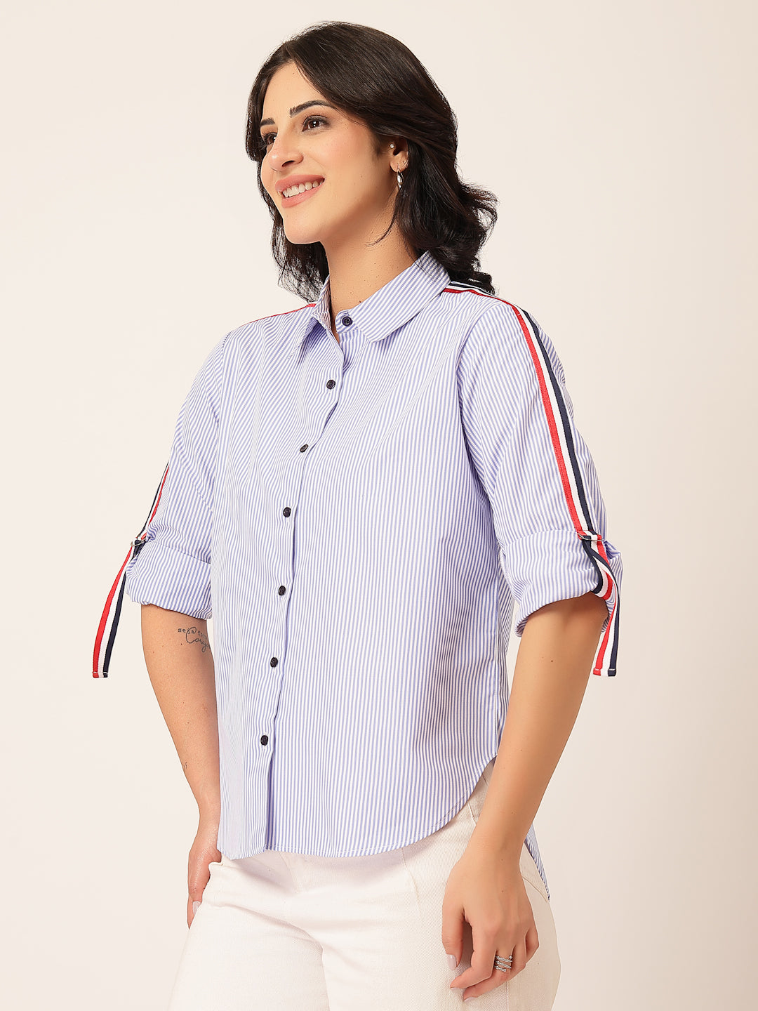 Style Quotient Women Blue And White Stripe Oversize Shirt-Shirts-StyleQuotient