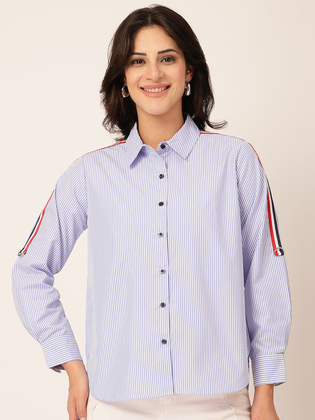 Style Quotient Women Blue And White Stripe Oversize Shirt-Shirts-StyleQuotient