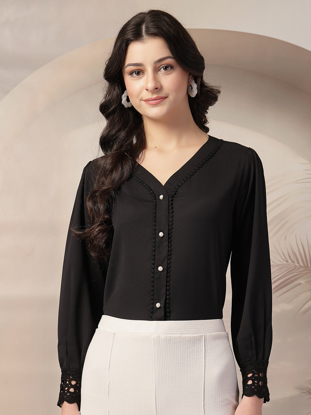 Style Quotient Women Solid Black Polymoss Regular Fit Formal Lace Insert Shirt-Shirts-StyleQuotient