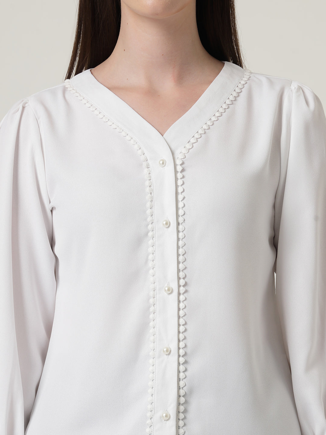 Style Quotient Women Solid White Polymoss Regular Fit Formal Lace Insert Shirt-Shirts-StyleQuotient