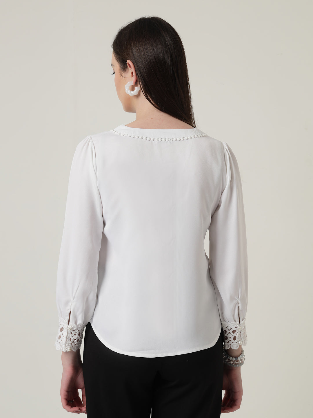Style Quotient Women Solid White Polymoss Regular Fit Formal Lace Insert Shirt-Shirts-StyleQuotient