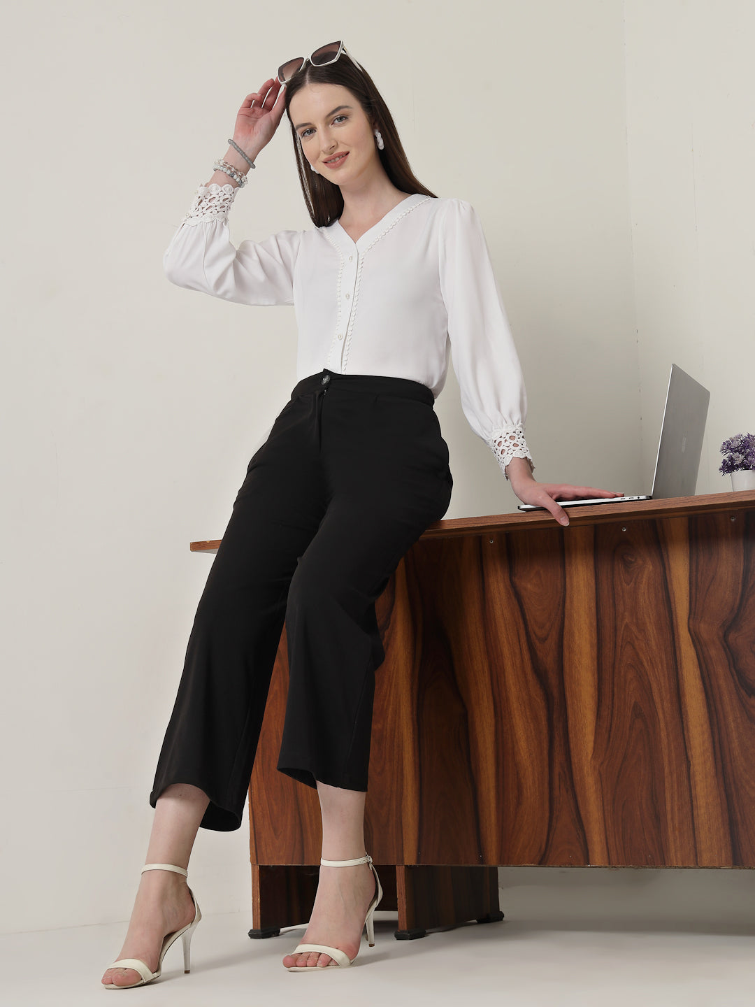Style Quotient Women Solid White Polymoss Regular Fit Formal Lace Insert Shirt-Shirts-StyleQuotient