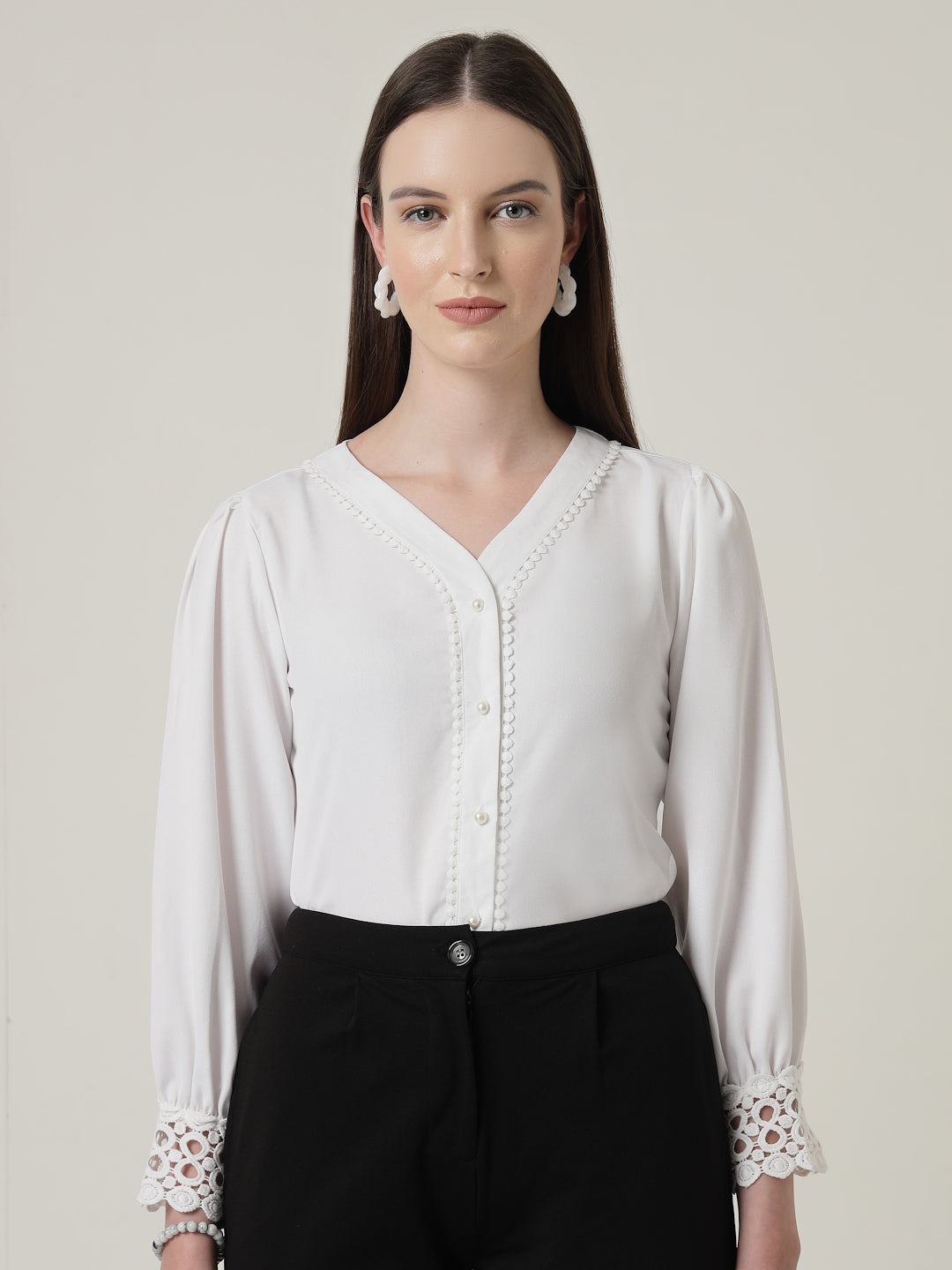 Style Quotient Women Solid White Polymoss Regular Fit Formal Lace Insert Shirt-Shirts-StyleQuotient