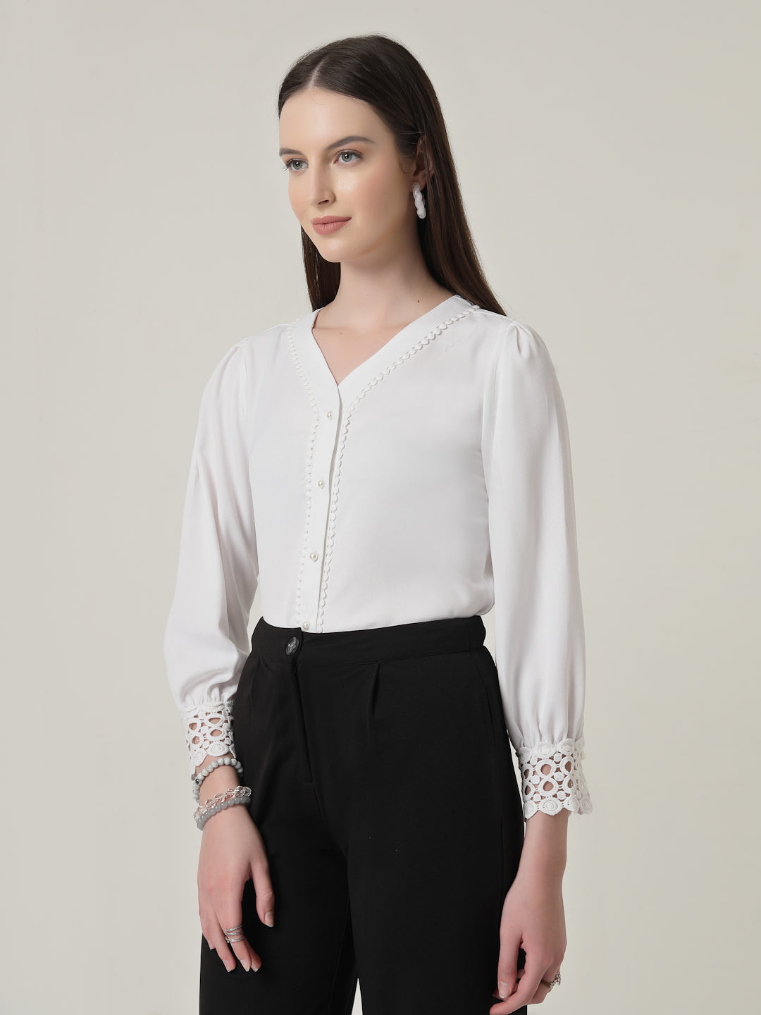 Style Quotient Women Solid White Polymoss Regular Fit Formal Lace Insert Shirt-Shirts-StyleQuotient