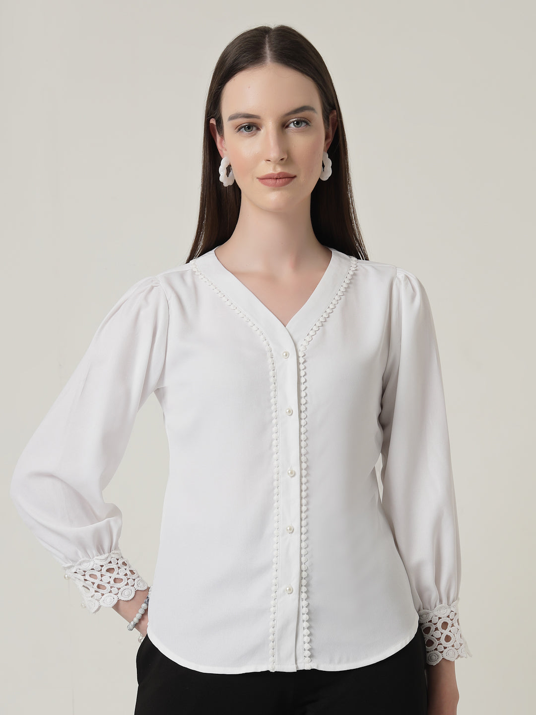 Style Quotient Women Solid White Polymoss Regular Fit Formal Lace Insert Shirt-Shirts-StyleQuotient
